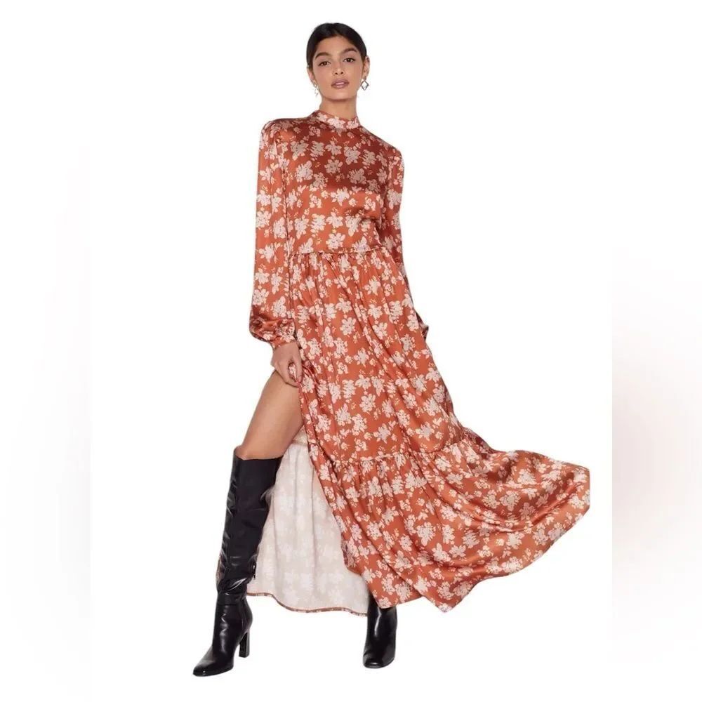 Nasty Gal Rust Floral Long Sleeve Mock Neck Tiered Midi Side  Slit  Dress Size 4